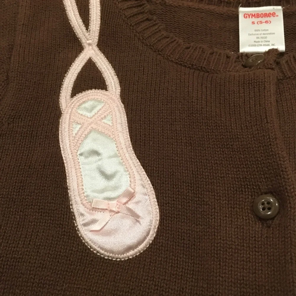 Gymboree Brown Cardigan Sweater pink satin Ballet‎ Slipper appliqué age 6